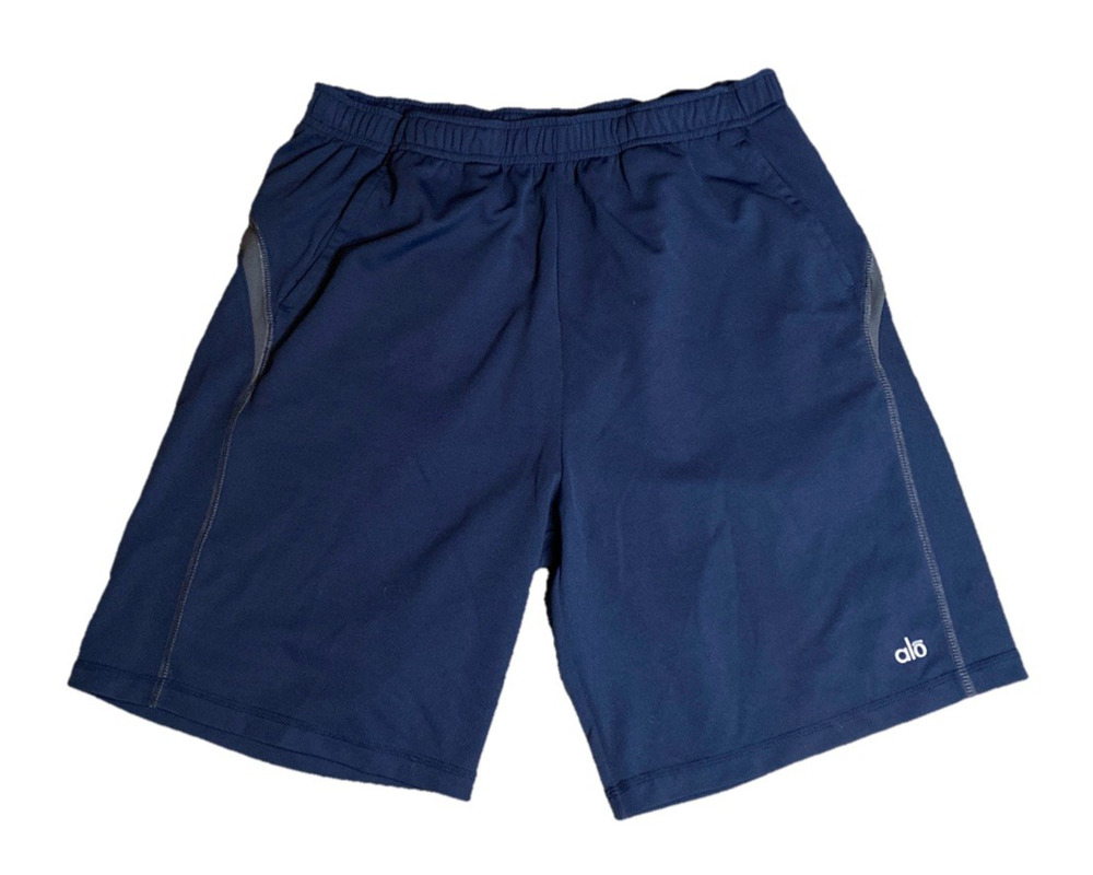 ALO Yoga Mens Large Shorts Navy Blue Gray Mesh Elastic Waist Pockets 9 Inseam